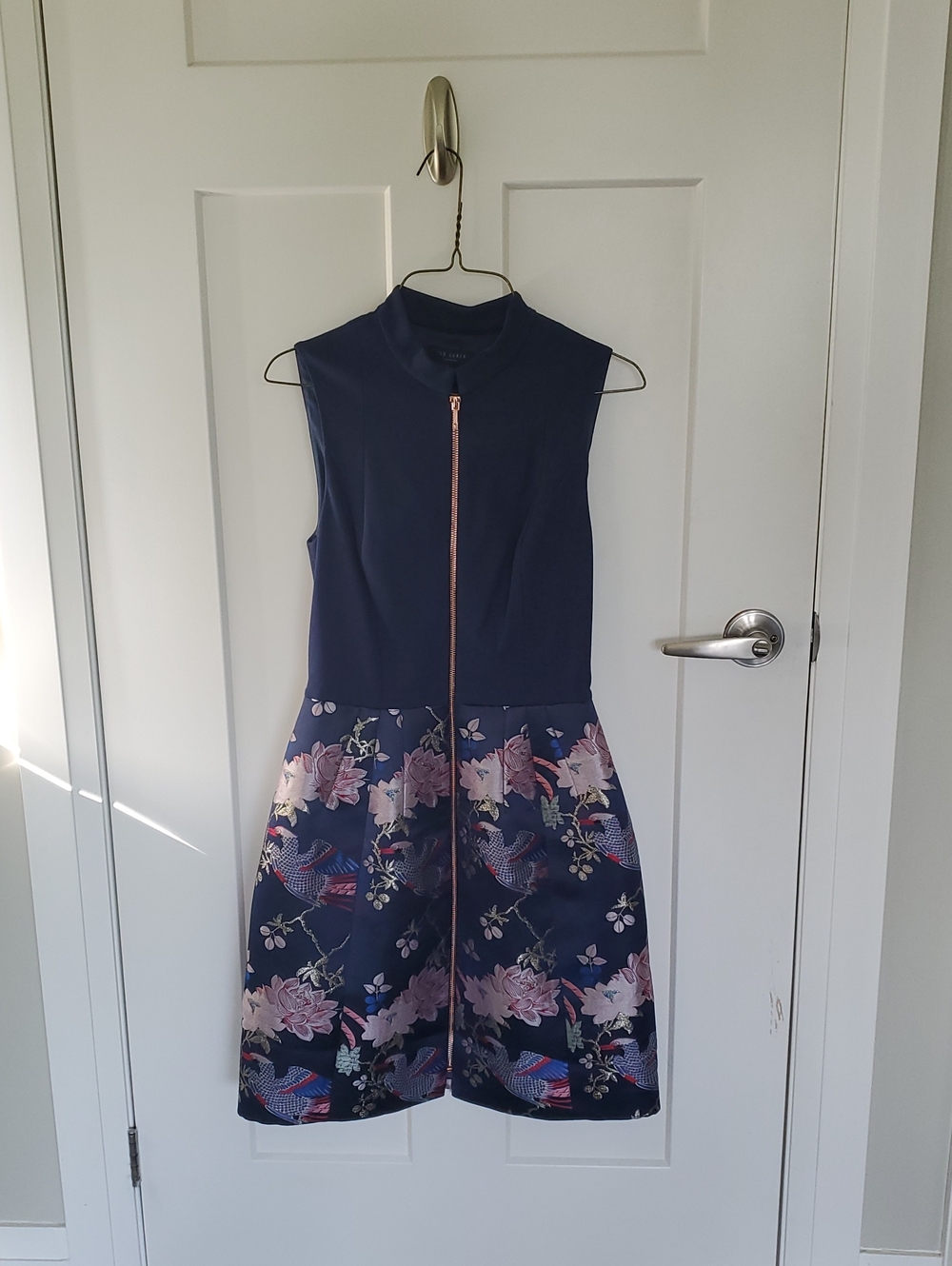 Ted Baker Navy Dress with Pink Floral Skirt and Rose Gold Zip